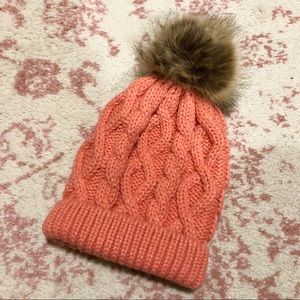 Coral / Salmon faux fur pompom winter hat